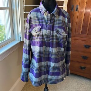 LL BEAN PLAID long sleeve SHIRT. PURPLE w/ Grays, blue, greens. Size XL REG.